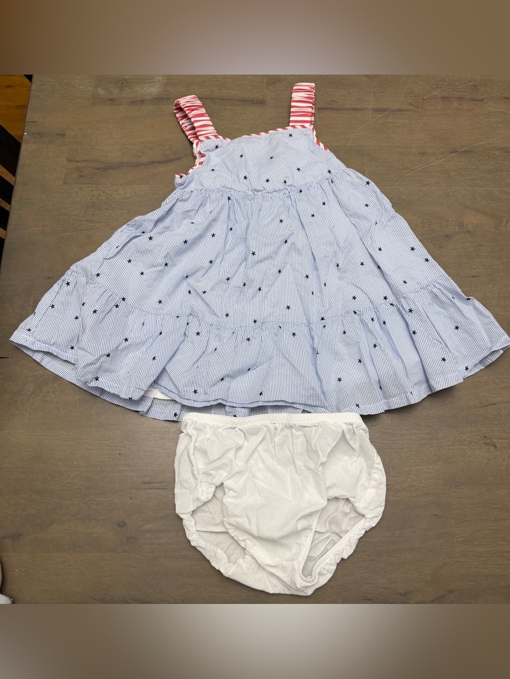 Baby Girls Blue Striped Patriotic Star Sundress with Red Straps and Diaper Cover